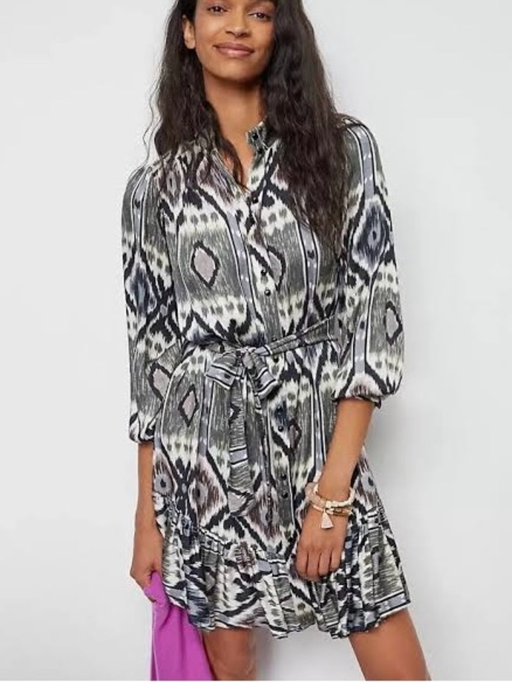 Anthropologie Black and Gray Ikat-Print Long-Sleeve Dress